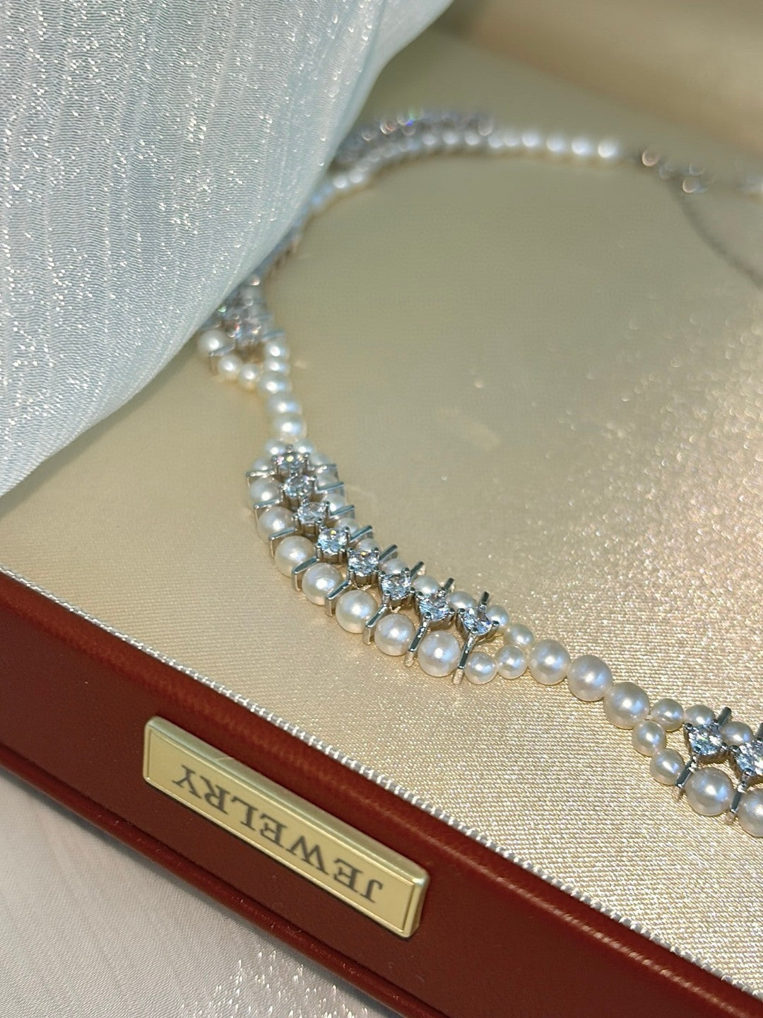 Handmade floral wave pearl necklace with small freshwater pearls