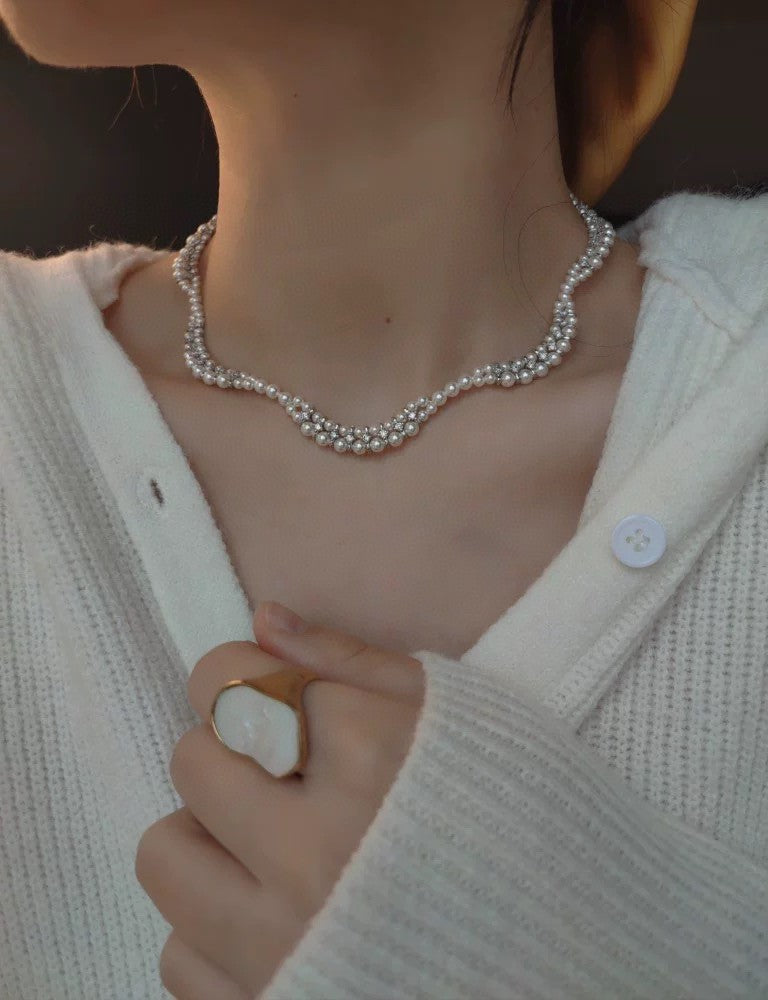 Handmade floral wave pearl necklace with small freshwater pearls