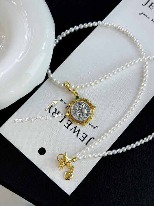 Roman goddess coin necklace with 3–4mm baby freshwater pearls and universal clasp