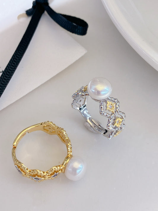 Adjustable gold open ring with geometric cut-out design and freshwater pearl