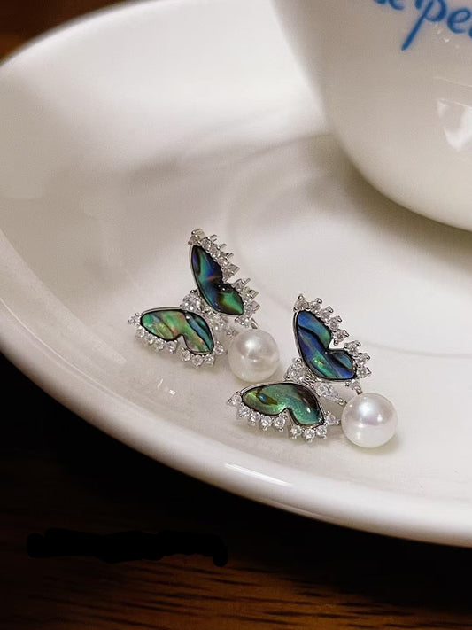 Abalone butterfly earrings with freshwater pearls on silver studs