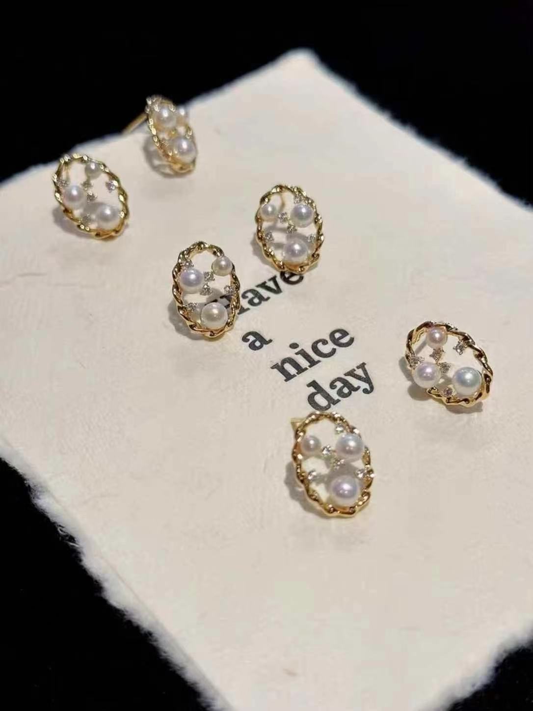 Vintage gold twisted pearl earrings with zircon and teardrop freshwater pearls