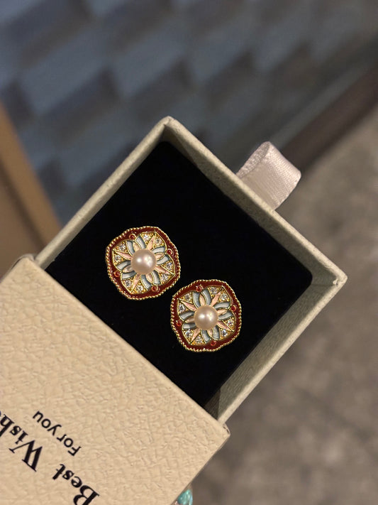 Vintage-style Monet garden enamel earrings with 4-5mm freshwater pearls and sterling silver posts