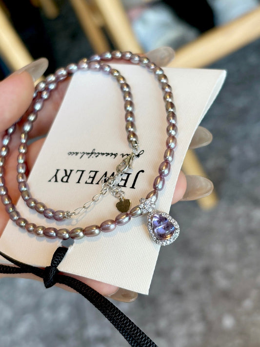 Sterling silver amethyst gourd pendant necklace with small freshwater pearls