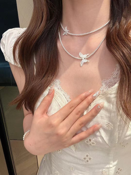 Mother-of-Pearl Butterfly Layered Necklace – Freshwater Pearl Elegance