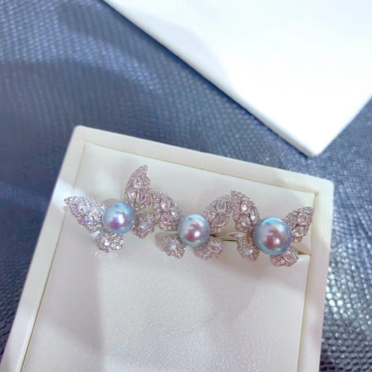 Butterfly Akoya Blue Pearl Jewelry Set – Stud Earrings & Ring