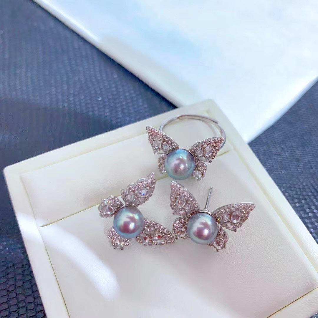 Butterfly Akoya Blue Pearl Jewelry Set – Stud Earrings & Ring