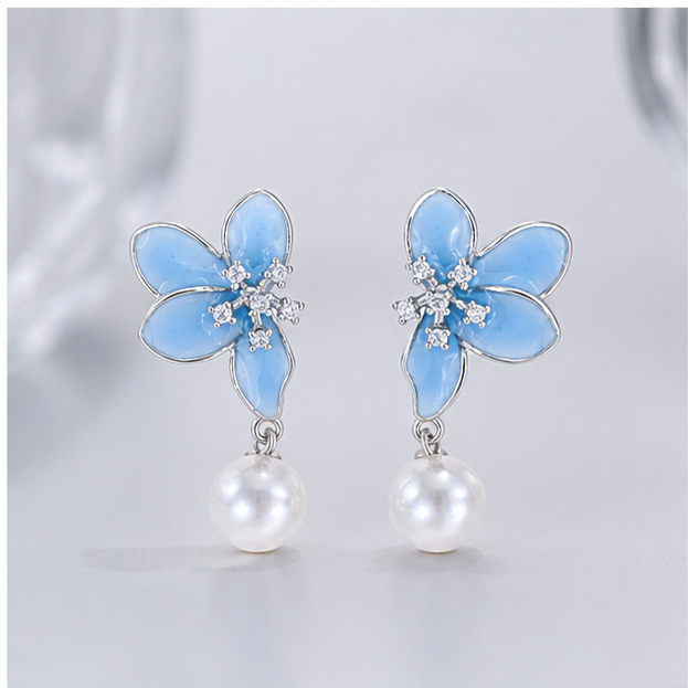 Pair of silver-colour blue enamel floral earrings with clear stones and white pearl drops