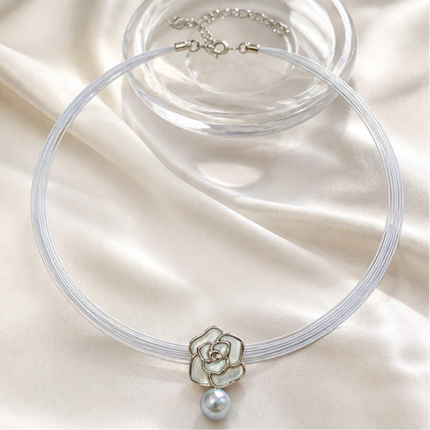 Camellia Pearl Choker – Classic Akoya Elegance in Silver Blue photographed on ivory satin