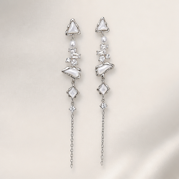 Glacier Cascade – Iceflow Pearl Dangles photographed on ivory satin