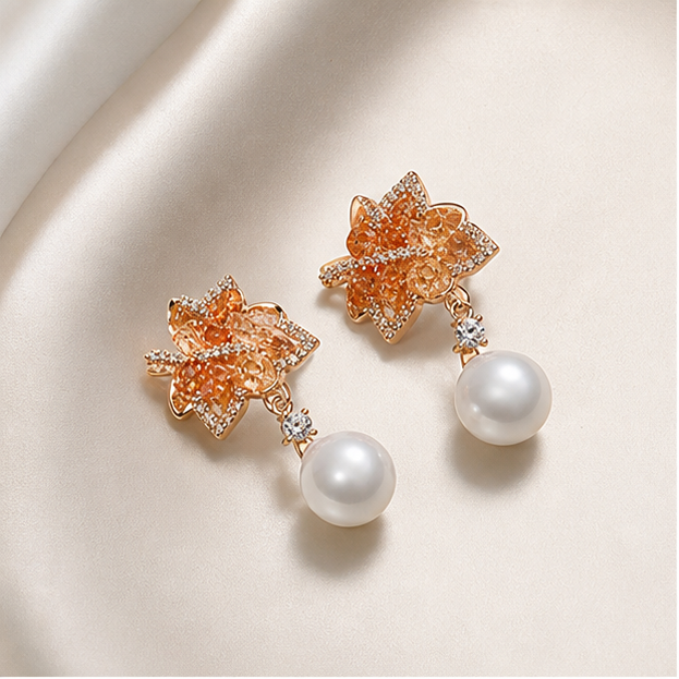 Gradient Maple Leaf Crystal Earrings – Freshwater Pearl & Designer Edition photographed on ivory satin