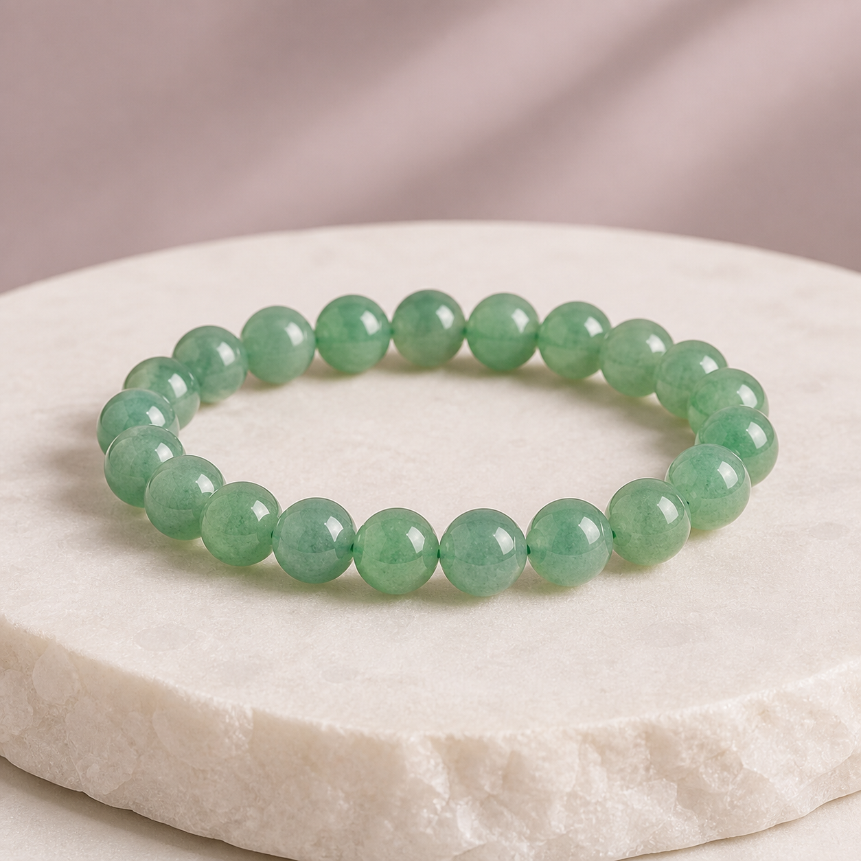 Luna Veil Green Aventurine Bracelet photographed on ivory satin