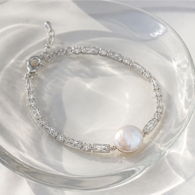 Neo-Chinese Baroque Button Pearl Bracelet – Aurora Finish with Zircon Accents in a product-only clear glass still life