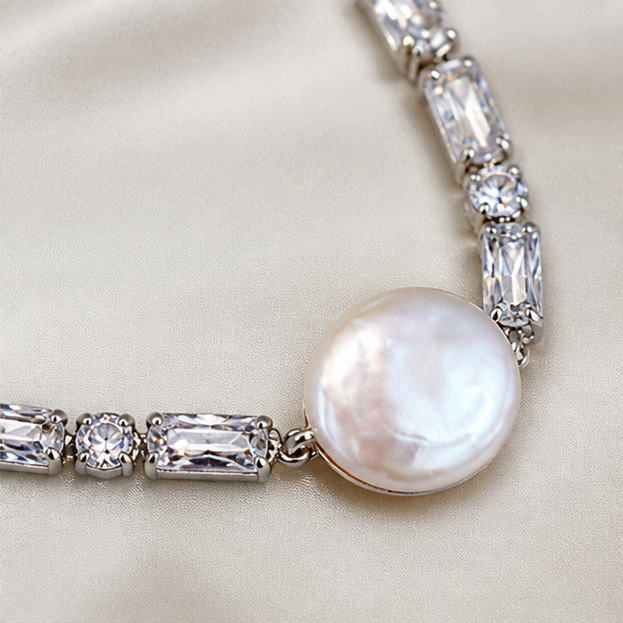 Macro product detail of Neo-Chinese Baroque Button Pearl Bracelet – Aurora Finish with Zircon Accents