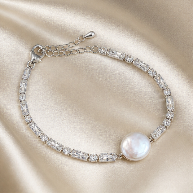 Neo-Chinese Baroque Button Pearl Bracelet – Aurora Finish with Zircon Accents photographed on ivory satin