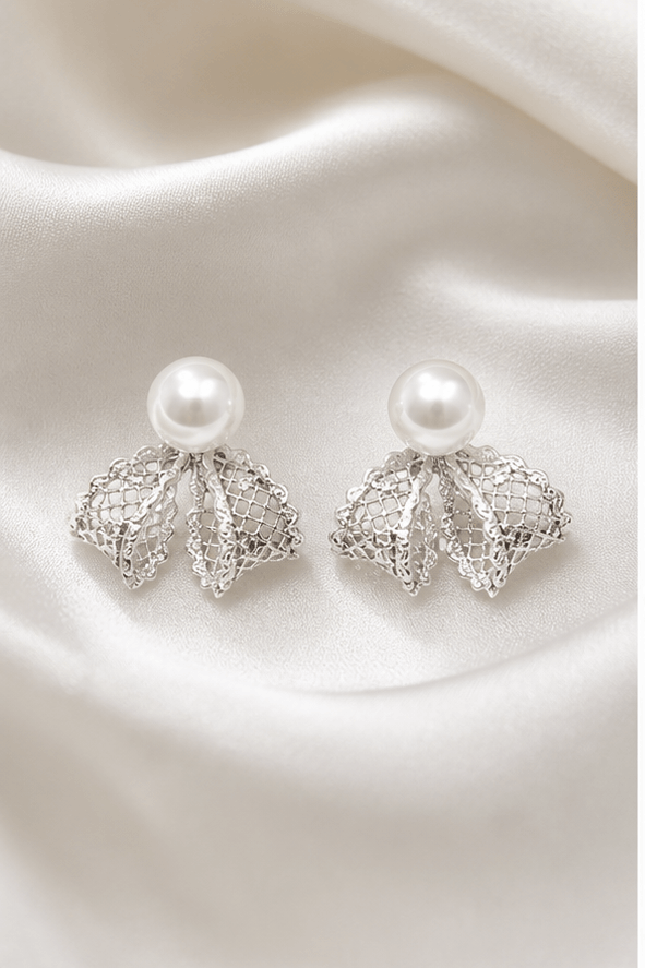 Elysian Pearl Lace Bow Pearl Stud Earrings in a product-only ivory studio setting