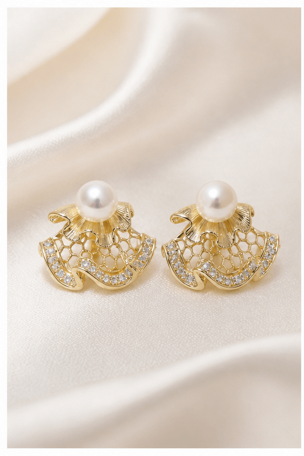 Elysian Pearl Vintage Filigree Pearl Stud Earrings in a product-only ivory studio setting