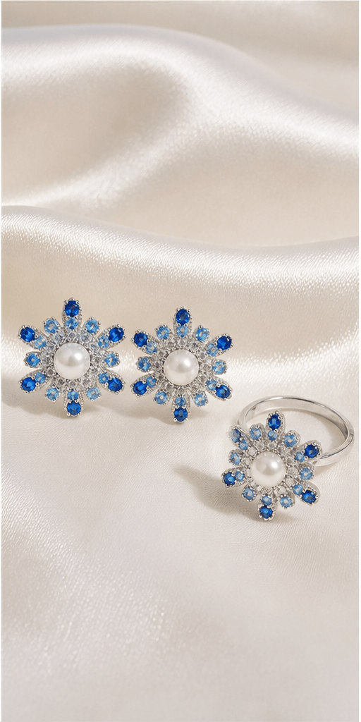 Elysian Pearl Blue Starburst Pearl Jewellery Set in a product-only ivory studio setting