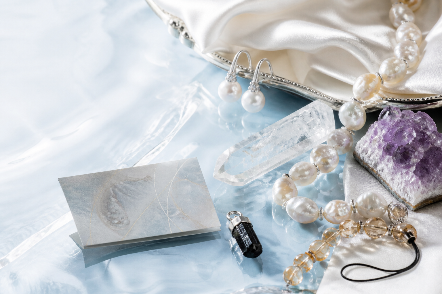 Pearl jewellery and crystal accessories styled on icy blue glass and ivory silk